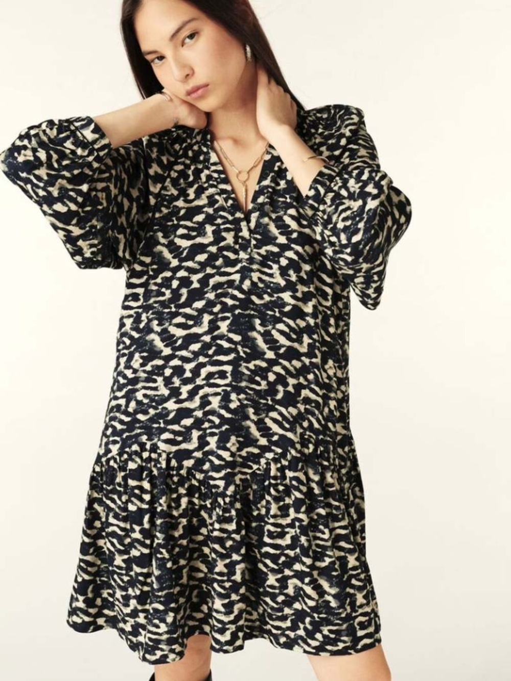 BA&SH Aisha Encre Graphic Print Mini Dress Sz L